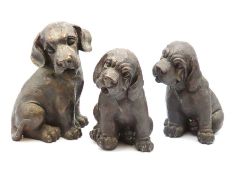 Three bronze style Bassett hound type dogs, talles