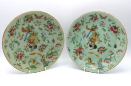 A pair of 19thC. Chinese celadon plates with ename