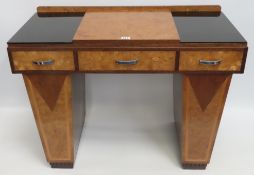 A burr walnut & teak art deco three drawer dresser base, measures 1067mm wide x 500mm deep x 798mm h