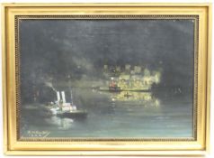 Rudolf Helmut Sauter (1895-1977 German), oil on canvas night scene with harbour lights & boat. Paint