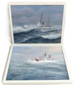 W. H. Ravell (American), a pair of framed oil on canvas paintings depicting US Coastguard boats at s