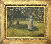 Edwin Harris (1855-1906), an oil on canvas depicting young woman with child within dappled light of