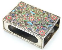 A cloisonne enamelled silver matchbox case holder, indistinct marks, possibly Russian, 21.3g