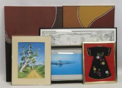 Two Aboriginal canvas paintings, a modern map of M