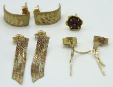 Three pairs of 9ct gold earrings & one odd 9ct gol