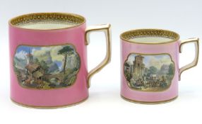 A pair of 19thC. Prattware tankards, largest 115mm