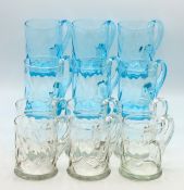 Six blue tankards & six clear, all with polished o