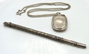 A silver locket & chain, locket 42mm x 30mm, chain