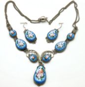 A silver & enamel necklace & earring set, possibly