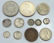 A William III sixpence, a Charles II groat, two £5