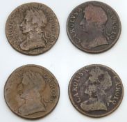 Four Charles II farthings, 1672, 1673, 1674 & 1679