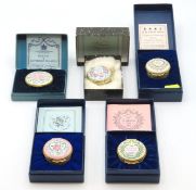 Five boxed enamel patch boxes, three Halcyon Days