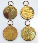Four WW1 medals: L.2808 F. M. Potter O.C1. R.N; 190021 Pte W. J. Sluman Labour Corps; W. Bains Servi