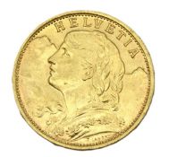 A 1925 Swiss 20fr gold coin, 21mm diameter, 6.5g,
