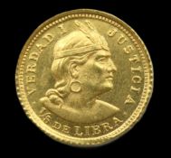 A 1913 Peruvian 1/5 Libra trade gold coin, 14.25mm