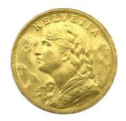 An 1898 Swiss 20fr gold coin, 21mm diameter, 6.5g,