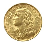 A 1922 Swiss 20fr gold coin, 21mm diameter, 6.5g,