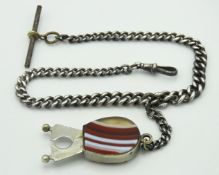 A silver Albert chain, 280mm long, with base metal cigar cutter set in agate style mount, silver wei