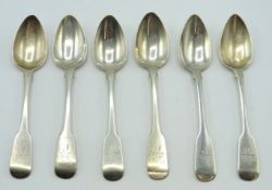 A set of six 1820 Georgian era Dublin silver rat tail teaspoons by Tudor & Whitford, crested, 108.9g