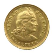A 1914 Peruvian 1/5 Libra trade gold coin, 14.25mm
