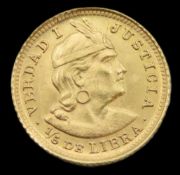 A 1914 Peruvian 1/5 Libra trade gold coin, 14.25mm
