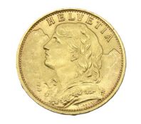 A 1922 Swiss 20fr gold coin, 21mm diameter, 6.5g,