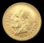 A 1945 Mexican 2 1/2 Pesos gold coin, 15.5mm diame