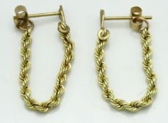 A pair of 9ct gold rope earrings, 0.7g, 22mm drop