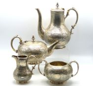 An 1875 Victorian Exeter silver four piece silver service by Josiah Williams & Co. Teapot inscribed