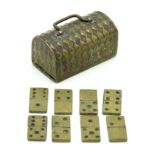 A miniature set of dominoes with brass carry case,