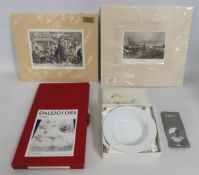 Two antique prints of a Swedish interior & Uppsala, twinned with a Swedish linen tablecloth & a KPM