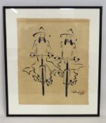 Vietnamese school framed ink sketch of cyclists, s