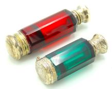 Two 19thC. white metal topped vinaigrette & scent bottles, test as silver, 91mm longest