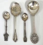 A Swedish silver spoon, an early 20thC. Harrods of London silver spoon with ornate bowl & two other