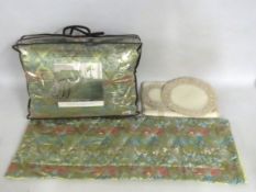 A quilted chinoiserie satin bedspread, unused, twinned with a small quantity of Irish linen, 264mm x