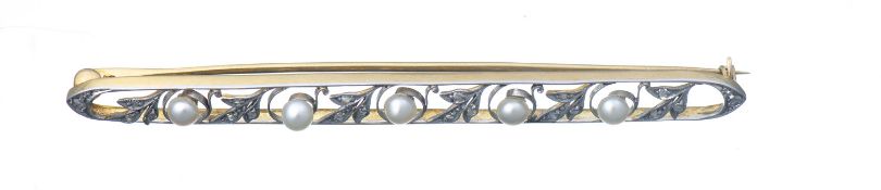Broche barrette en or jaune avec perles et diamants
