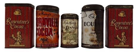 CADBURYS & ROWNTREES - COLLECTION OF FIVE VINTAGE COCOA TINS, SOME WITH PAPER LABELS