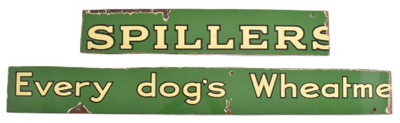 TWO VINTAGE SPILLERS DOG FOOD ENAMEL SIGN OFF CUTS