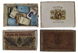 FOUR EARLY 20TH CENTURY CIGAR BOXES, ONE CONTAINING SNUFF & ONE WITH EMPTY CIGARETTE PACKETS