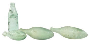 FOUR VINTAGE 20TH CENTURY IRIDESCENT GLASS BRANDED TORPEDO SODA WATER BOTTLES