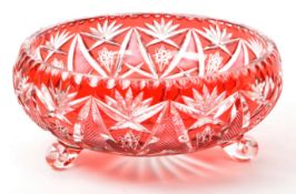 MID CENTURY CRANBERRY CUT GLASS CENTERPIECE BOWL