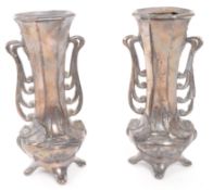 PAIR OF ART NOUVEAU PEWTER GERMAN VASES WITH RELIEF BIRDS