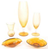 FIVE MID 20TH CENTURY RETRO ORANGE GLASS VASES / GOBLETS