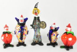 COLLECTION OF FIVE 20TH CENTURY MURANO STYLE GLASS CLOWN FIGURES
