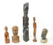 COLLECTION OF FIVE 20TH-CENTURY TRIBAL CARVINGS AND SCULPTURES