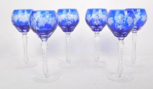 COLLECTION OF MID CENTURY SIX COBALT BLUE CUT CRYSTAL WINE GLASSES