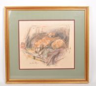 VINTAGE 20TH CENTURY OIL PASTEL DRAWING OF TWO DOGS IN A CAR