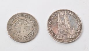 SOUTH AFRICAN REPUBLIC 2 SHILLINGS COIN AND JAHRE BASLER MUENSTER MEDAL