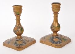 TWO 20TH CENTURY JAPANESE WOODEN HAND PAINTED CANDLE STICK HOLDERS