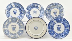 FIVE 19TH CENTURY BOVEY TRACEY MESS PLATES FOR ROYAL NAVY T/W ANOTHER